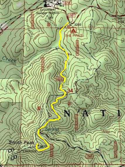 Topo map of  Smith Peak Hike, Groveland Ranger District CA