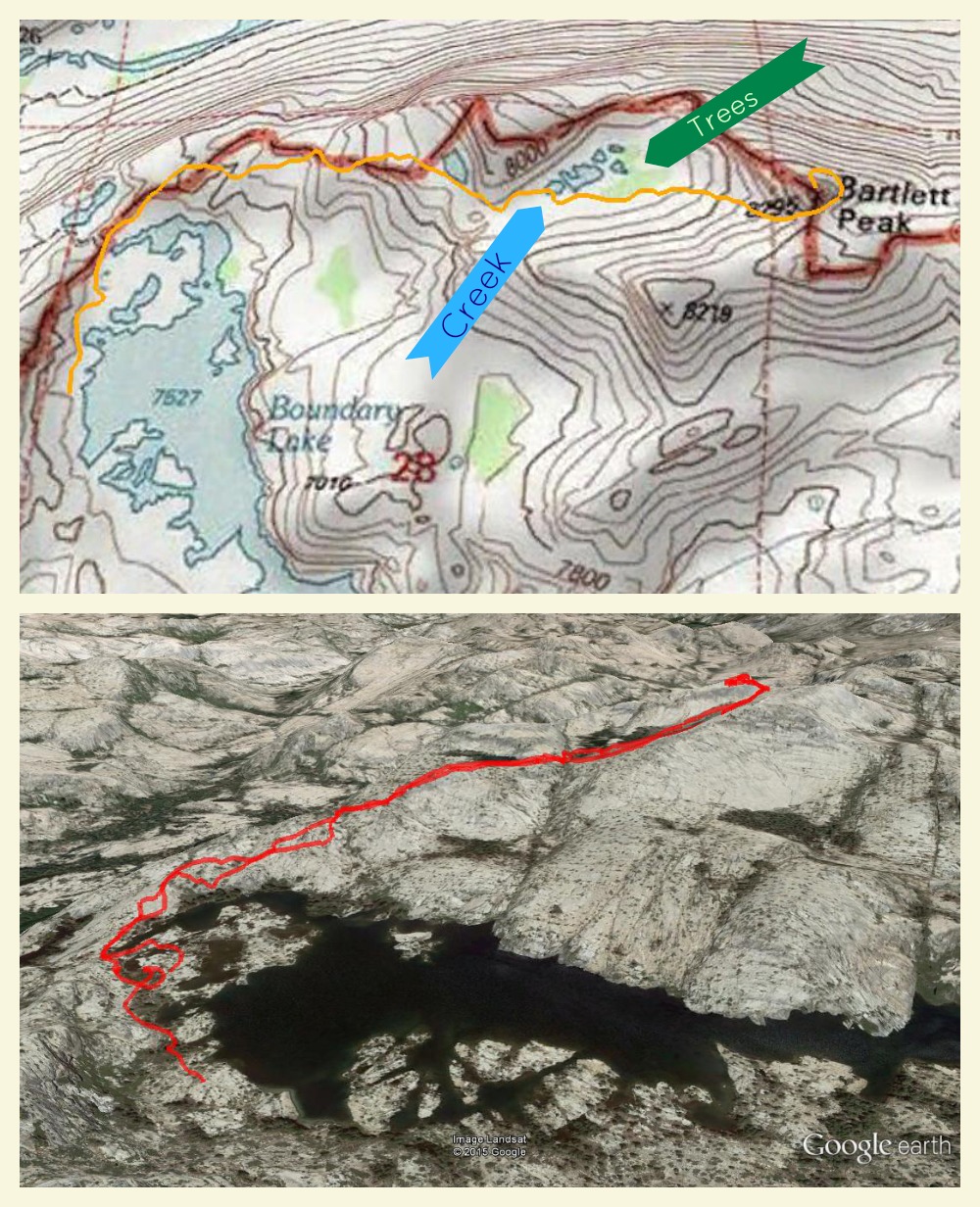 Topographic Map of Bartlett Peak hike, Yosemite