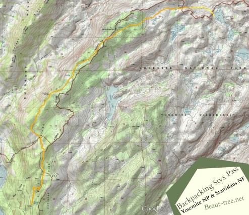 Topographic Map of Styx Pass Backpacking Trip in Yosemite and Stanislaus