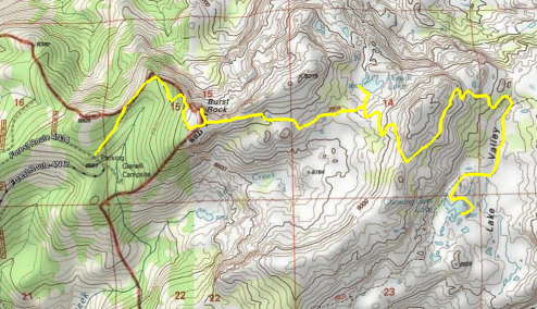Topo Map of Trail to Chewing Gum Lake, Powell Lake, and Burst Rock in Emigrant Wilderness