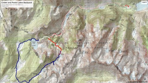 Robinson Creek Backpacking Topo Map. Day one is in Red, day two blue, day three white