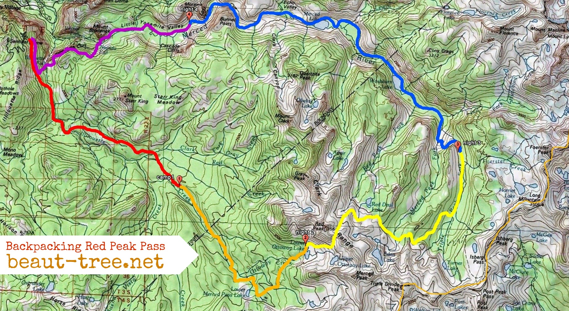 Red Peak Pass Backpacking in Yosemite National Park - Map With Logo
