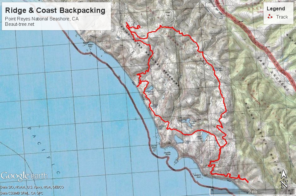 Topo map backpacking Point Reyes